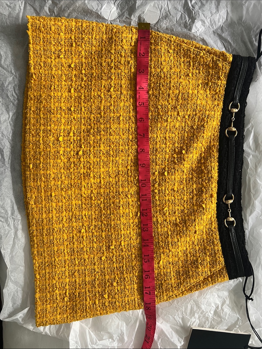 GUCCI Mustard Tweed Mini Skirt with Black Horsebit Waist - Picture 10 of 12